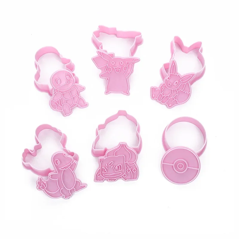 6 uds Pokemon Pikachu molde de plástico cortadores de galletas 3D dibujos animados molde para galletas prensable sello para galletas cocina hornear pastelería Bakeware