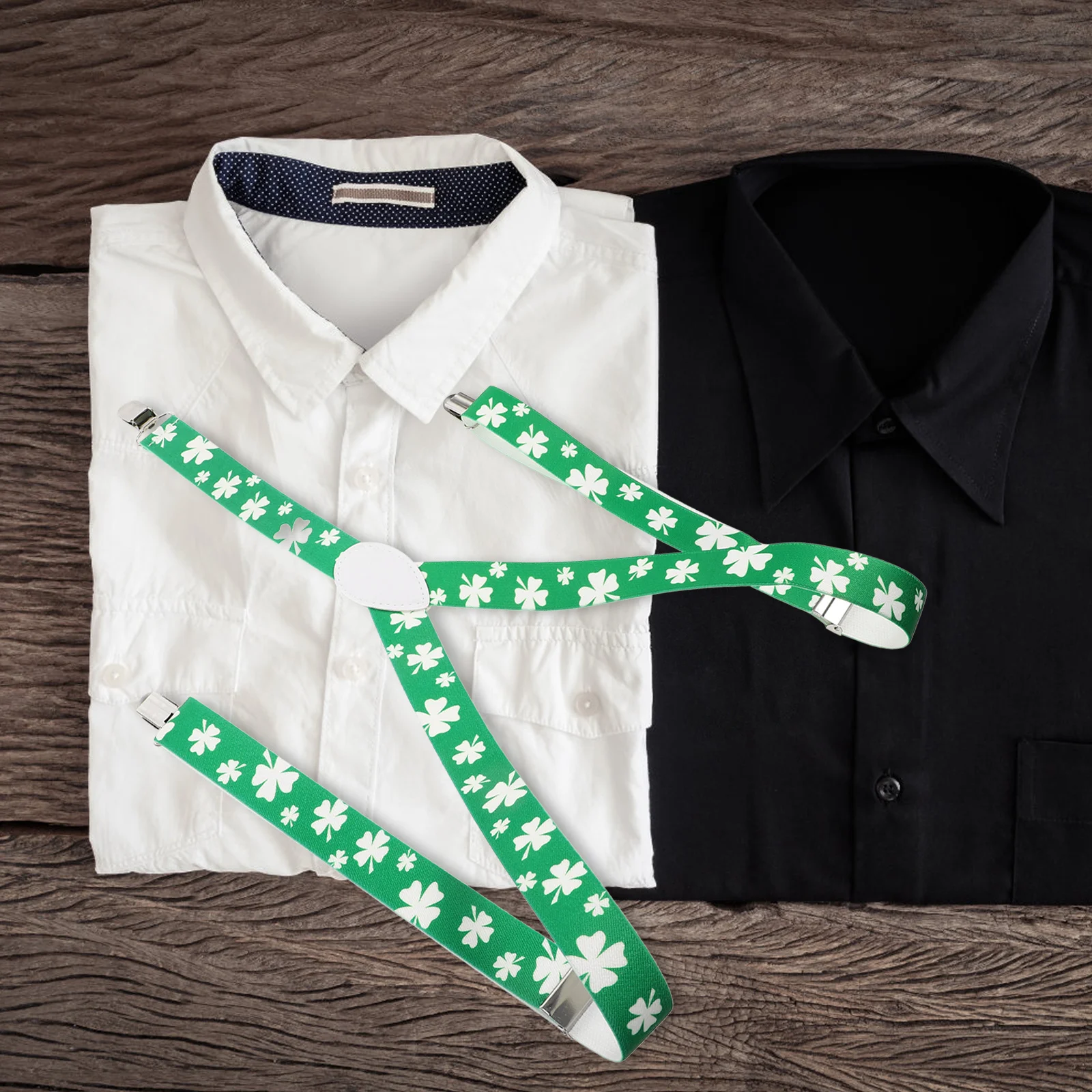 

2Pcs Clover Print Suspenders Green Elastic Adjustable Clip-on Braces Sturdy Clips Comfortable Fit Suitable for Jeans Pants