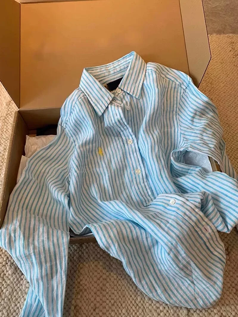 

Синяя полосатая рубашка с длинным рукавом и воротником в корейском стиле, модная универсальная женская верхняя одежда для весны и осени