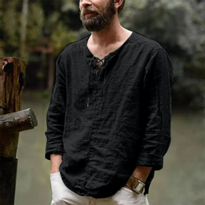 Summer new men's Renaissance chest string shirt medieval Viking top cotton linen shirt men's long sleeved clothing