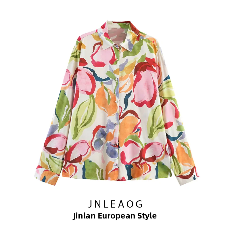 

JNLEAOG Summer New Women's Shirt Silk Satin Texture Floral Print Long Sleeve Polyester Fiber Resistant to Deformation Flip Co...