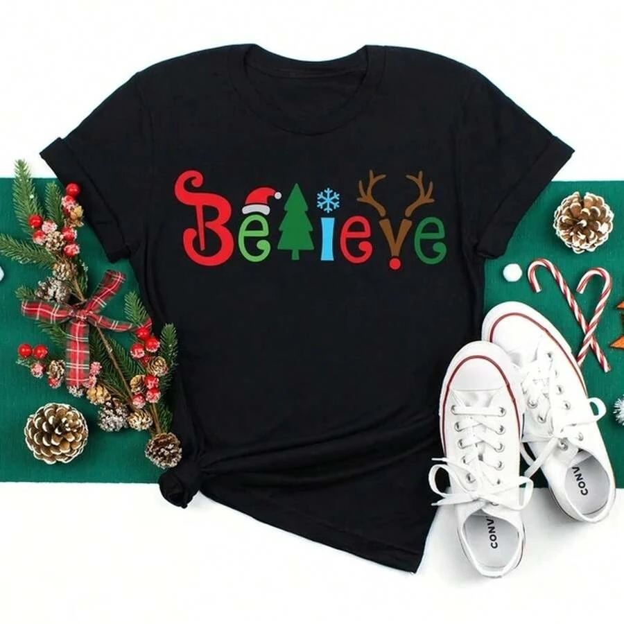 2026 New Arrival Christmas Family Matching T-Shirt Believe Letter Graphic Print Holiday Casual Short Sleeve Top Christmas Gift Basic Top T-Shirt