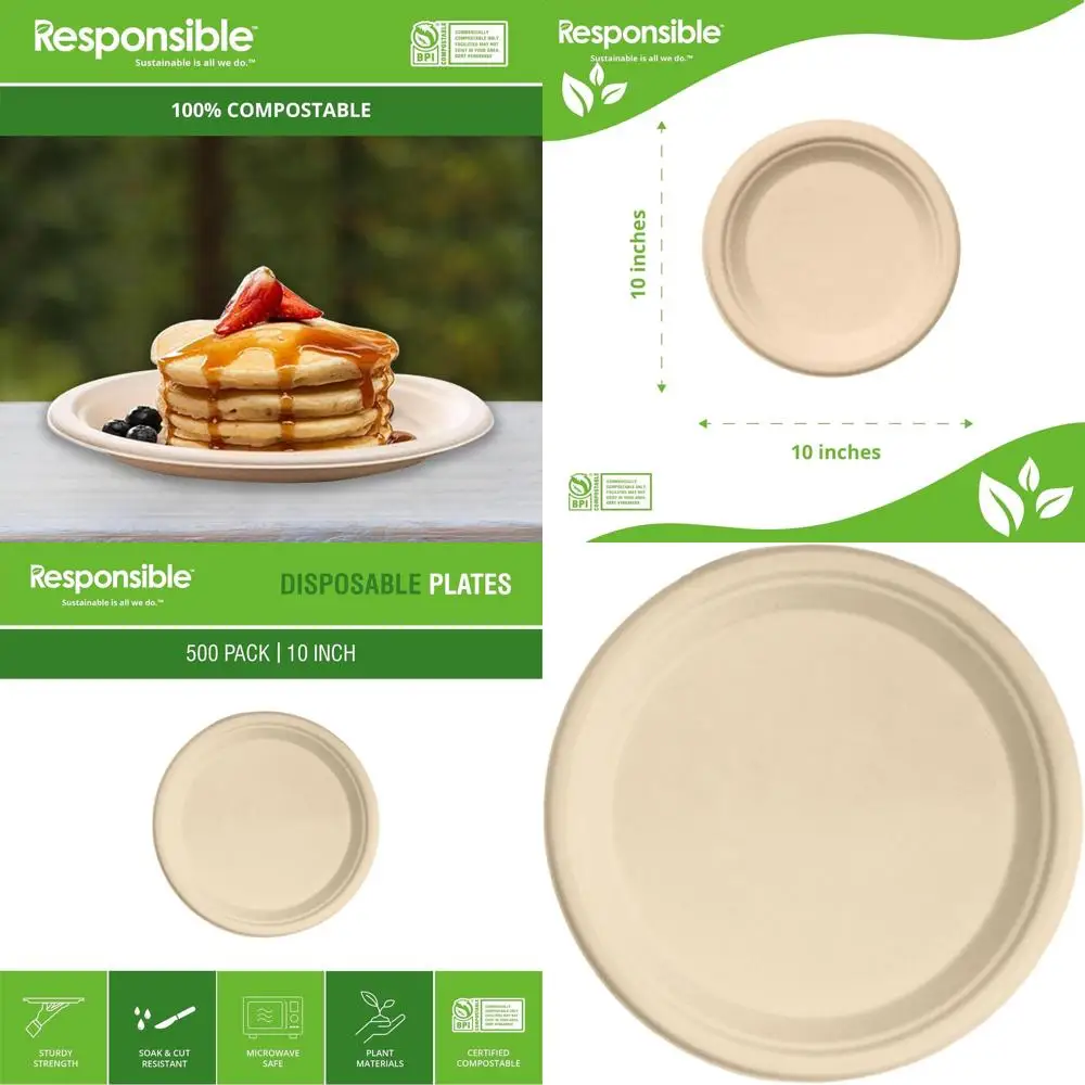 

10-дюймовые круглые тарелки из компостируемого волокна, прочные, без деревьев, без PFAS, натуральный коричневый, 500 шт.