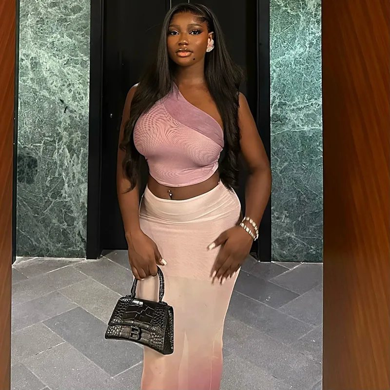 Fresh And Stylish Women's Clothing, Cropped Bodycon Gradient Color Skirt Set, Asymmetrical Neckline, Semi-transparent Long Skirt