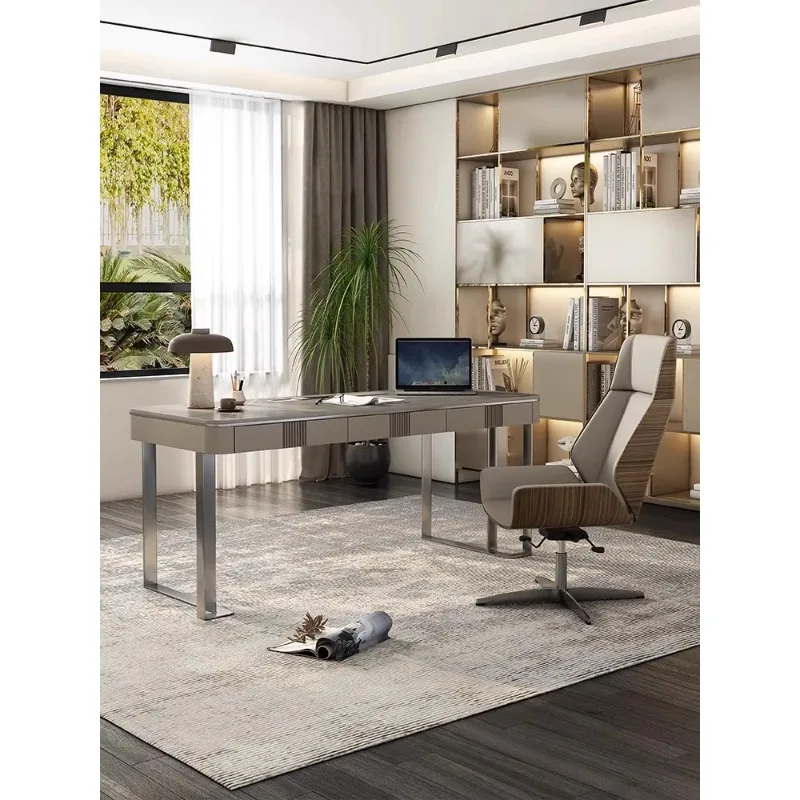 

Italian light luxury rock slab desk modern study home office computer desk designer minimalist premium gray writing desk