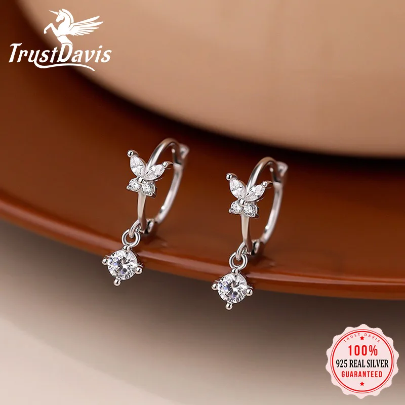 

TrustDavis 925 Sterling Silver Butterfly CZ Hoop Earrings Dainty Cute Sweet Minimalist Shiny Delicate Trendy Chic Jewelry DS3963