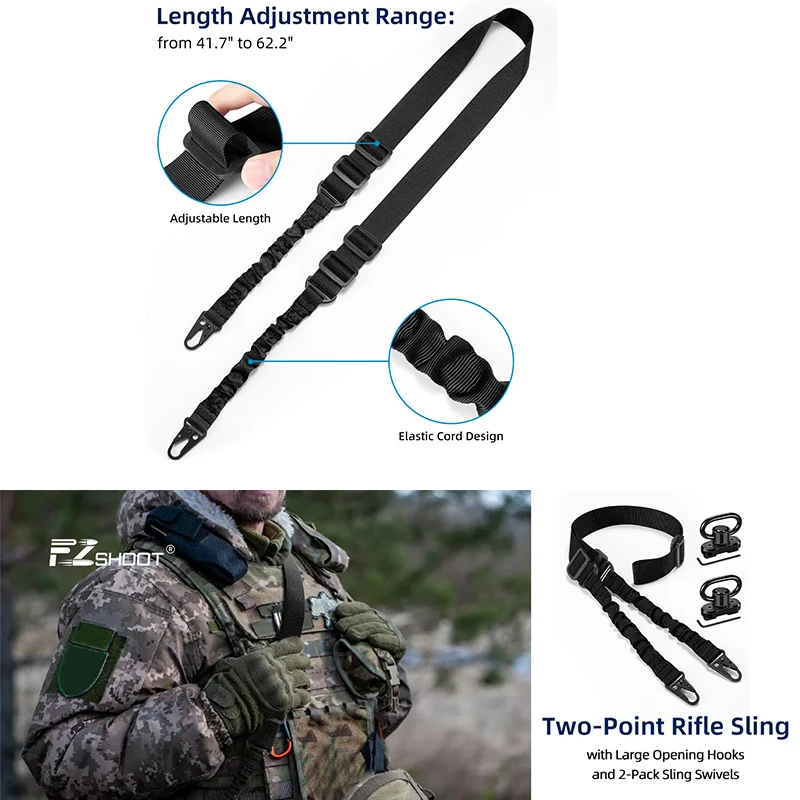 

EZshoot Two Point Sling Traditional Rifle Sling with 2 Pack 360 Degree Rotating Sling Swivels for M-Rail Adjustable Length