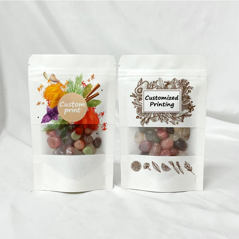 Zip Lock Bag for Dried Fruits Nuts Seasonings Sugar, Gift Packaging Pouch, White Kraft Paper Window, Stand Up, Custom Print