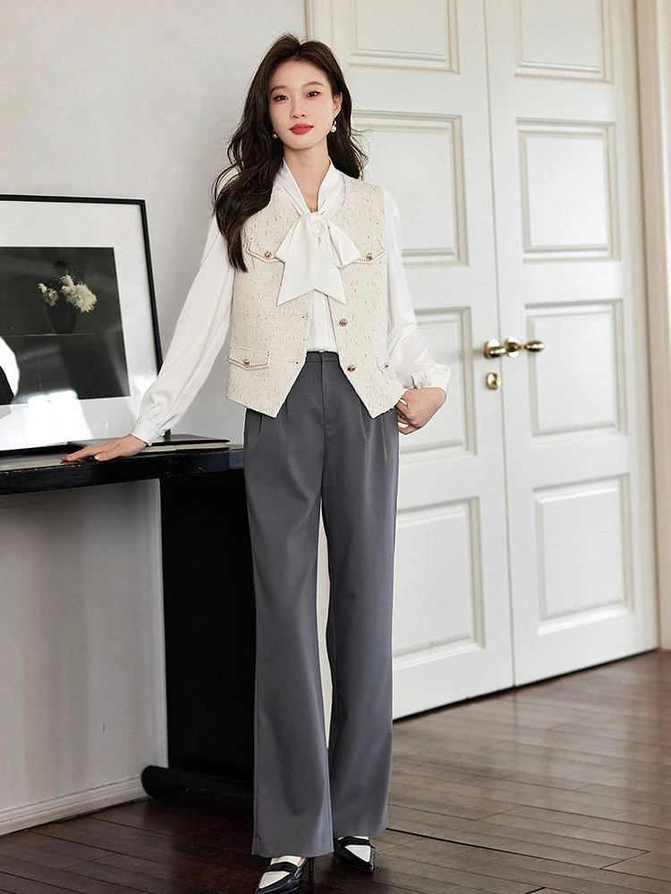 

2025 Spring Collection Women's Cropped Tweed Blazer​ Stylish Sleeveless Outerwear with Geometric Pattern Office Casual Versatile