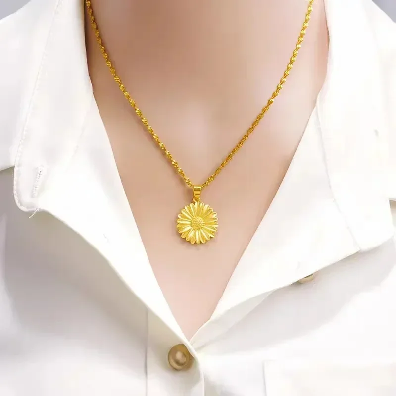 

Luxury pure gold chain daisy necklace for women AU999 real gold 24K sunflower pendant boutique gold ladies clavicle chain