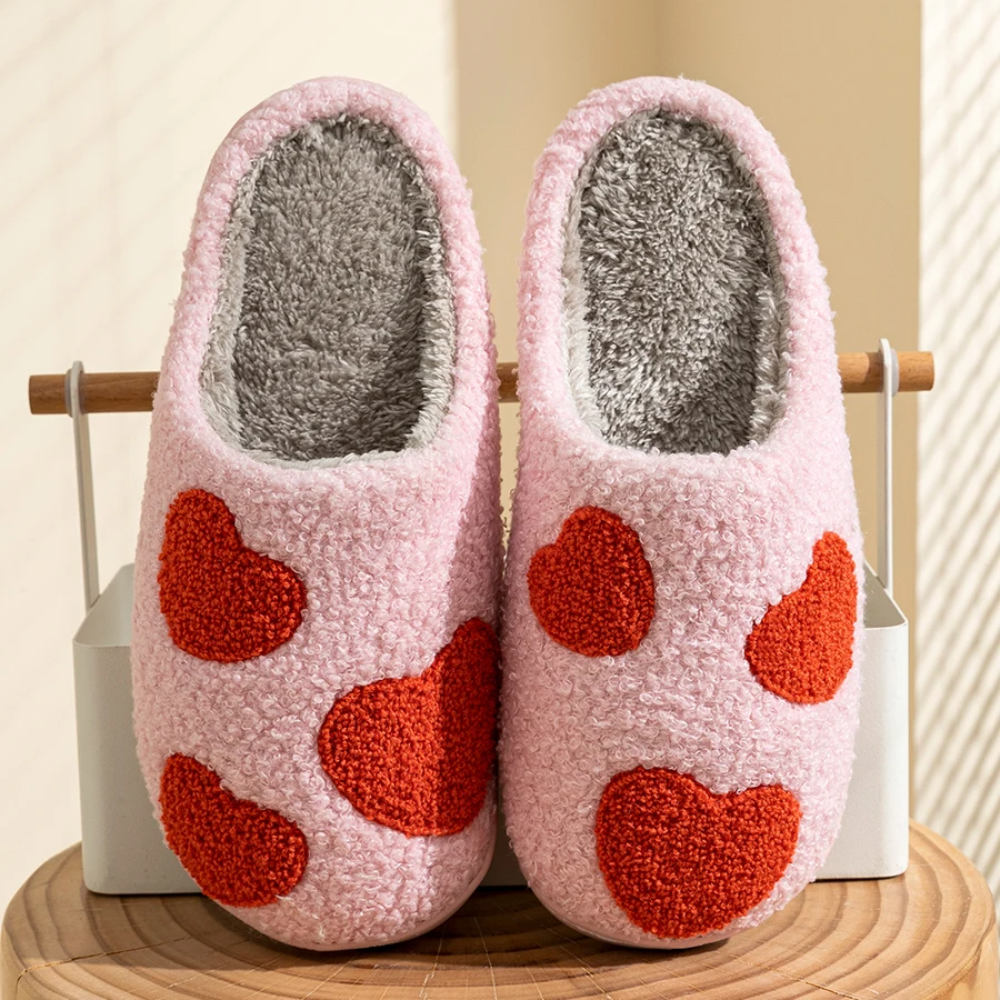 Cute Heart Interesting Embroidery Pattern Girl Slippers Indoor Women Casual Warm Comfy Bedroom Winter Fuzzy Home Soft Sole Shoes