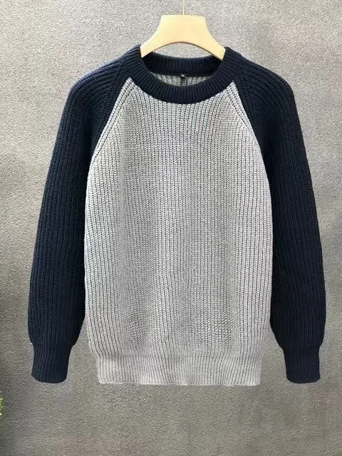 Suéter de Punto de Cuello Redondo Ajustado para Hombre, Otoño Invierno, Informal, Capa Base Juvenil, Color de Contraste, Marc...