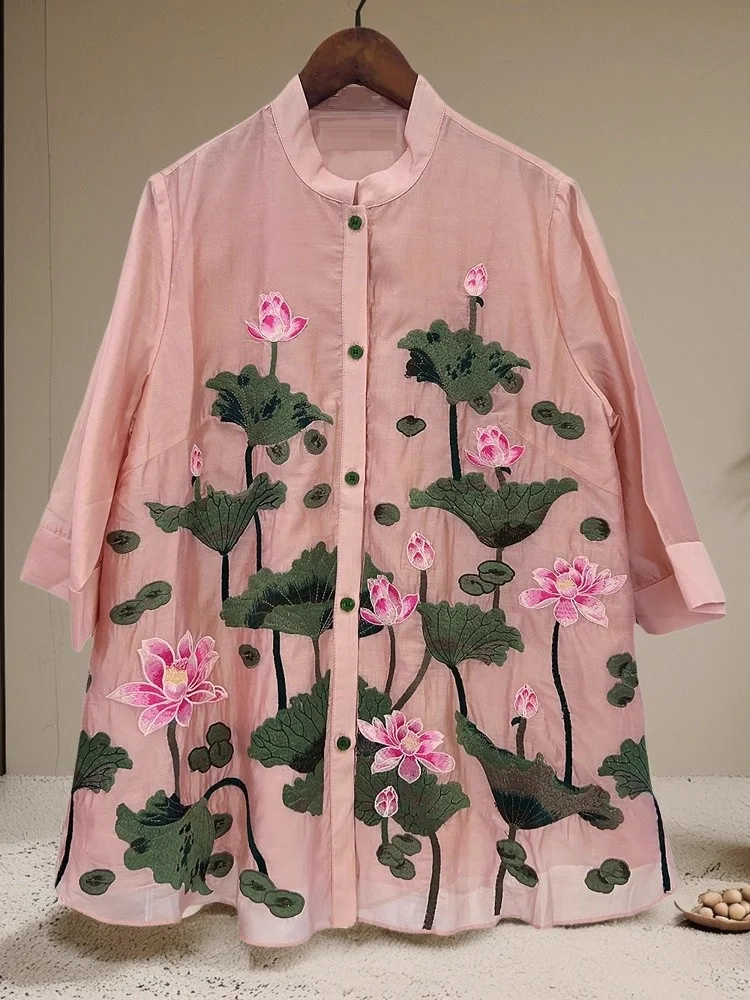 

XXXL Blouse Shirts 2025 Autumn High Quality Women Allover Luxurious Embroidery 3/4 Sleeve Elegant Loose Vintage Shirts Loose