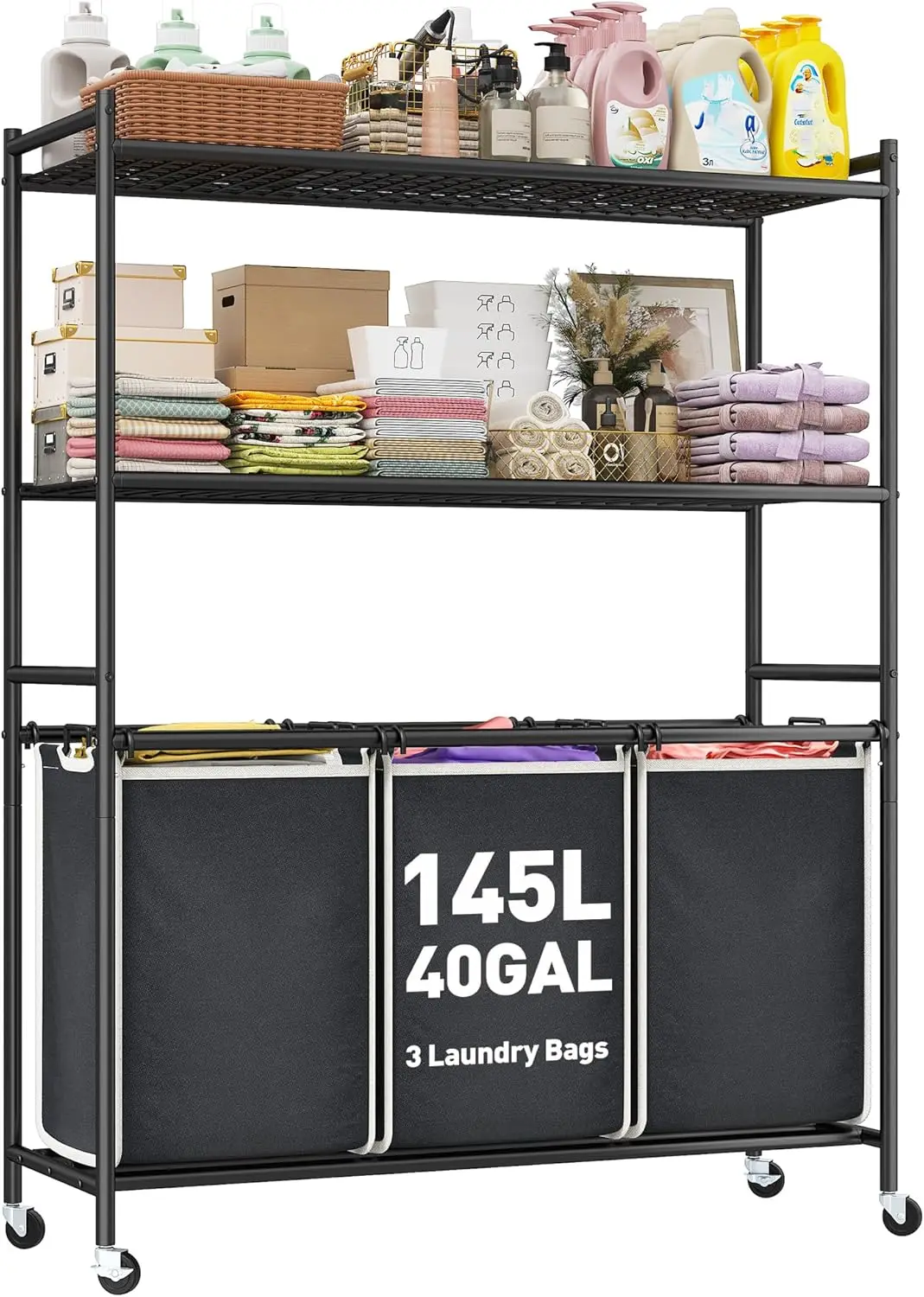 

3 Section Laundry Hamper Cart with Shelf 145L 3 Compartment Hampers for Laundry Organization with Lockable Wheel