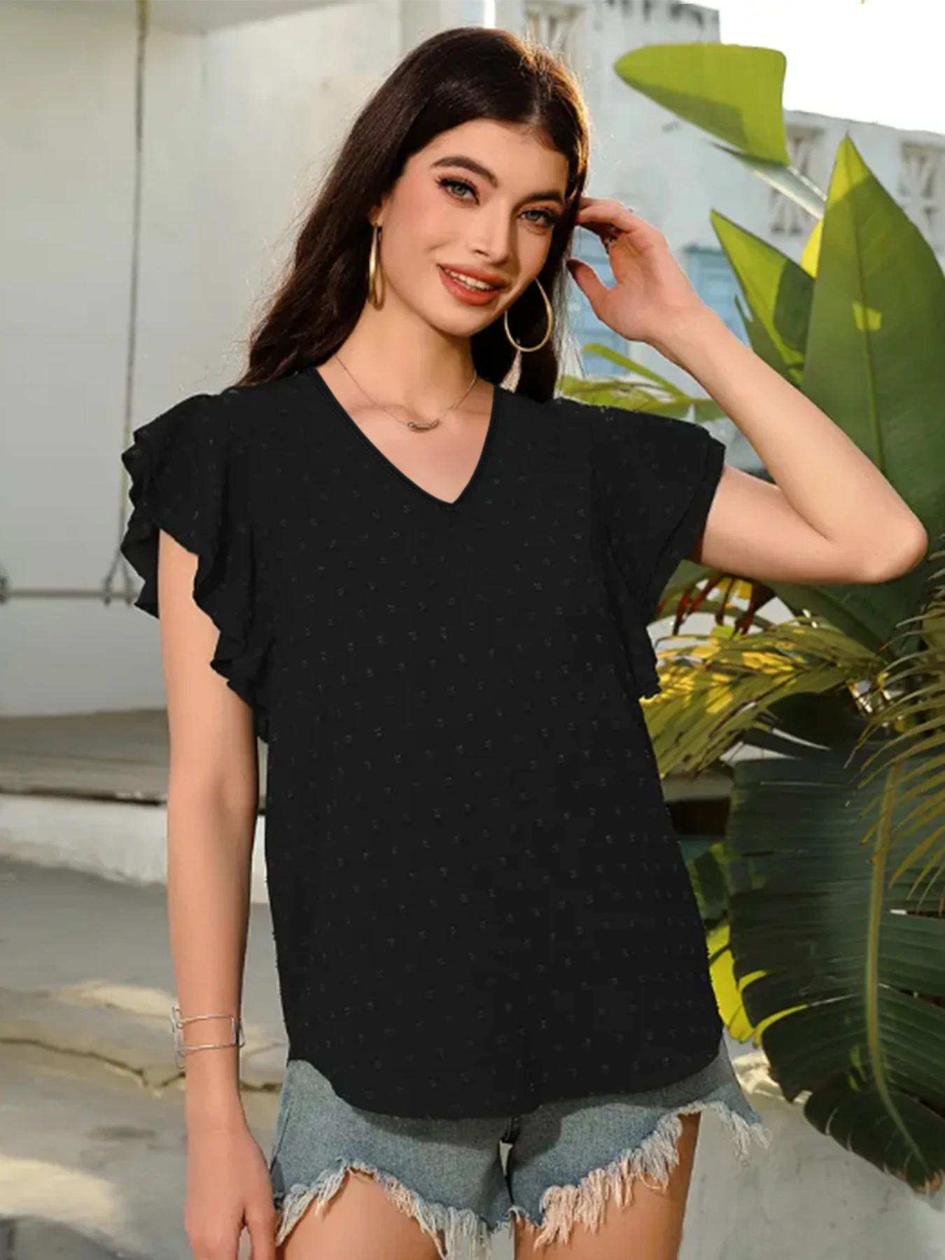

Women's summer wrinkled floral ball shirt lotus leaf short sleeve V-neck shirt pullover top