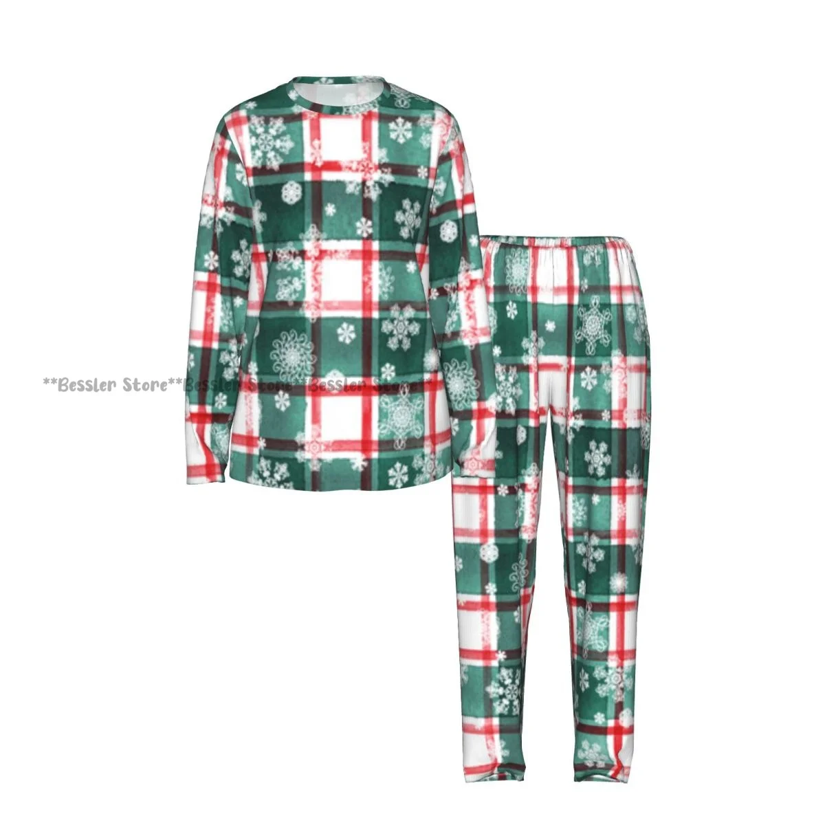 Ladies Soft Pajamas Set Stripe Plaid Pattern Snowflakes Background Round Neck Long Sleeve Long Pants Casual Loose Homewear