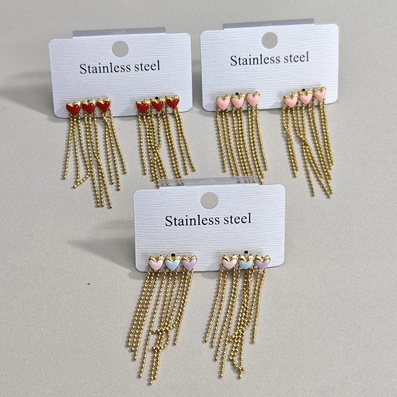 Letdiffery Fashion Colorful Heart Tassel Earrings for Women Stainless Steel Pink Heart Long Dangle Earring Sweet Jewelry Gifts