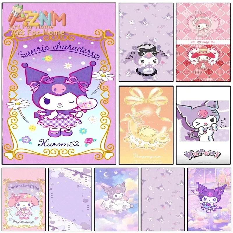 AZNM Sanrio Kuromi My Melody Pompompurin Canvas Poster Cute Purple Pink Cartoon Unframed Wall Art for Girls Room Decor