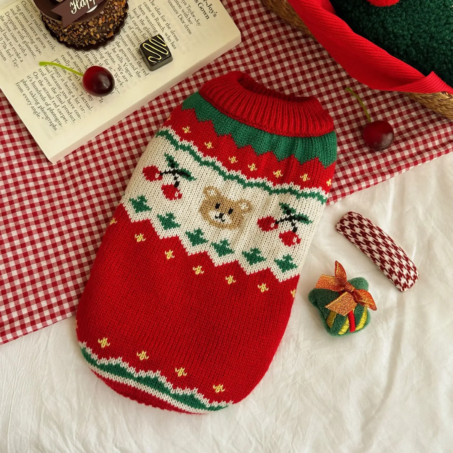 Pet Festival Christmas Cherry Pet Sweater Autumn and Winter Pet Dog Clothes Small Dog Cat Warmth Puppy Clothes for Small Dogs