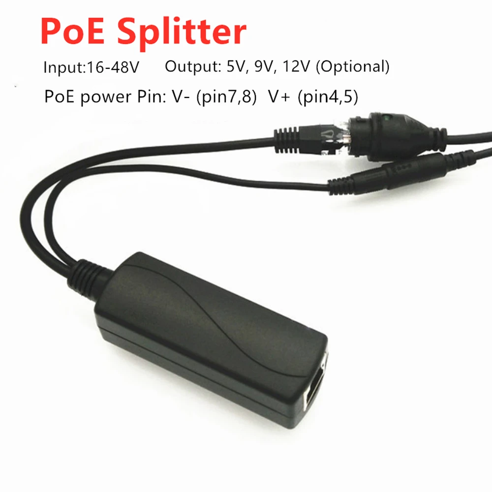 48V/52V to 5V 9V 12V POE Splitter Cable IEEE802.3af/at 10/100Mbps Ethernet POE Splitter