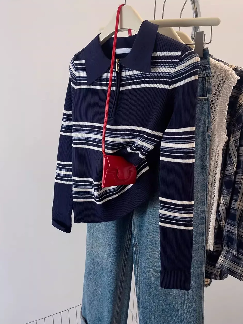 

Свободный вязаный полосатый свитер, осень-зима, открытая молния, основа, ирт, эффект похудения, модный, для поездок на работу, сле