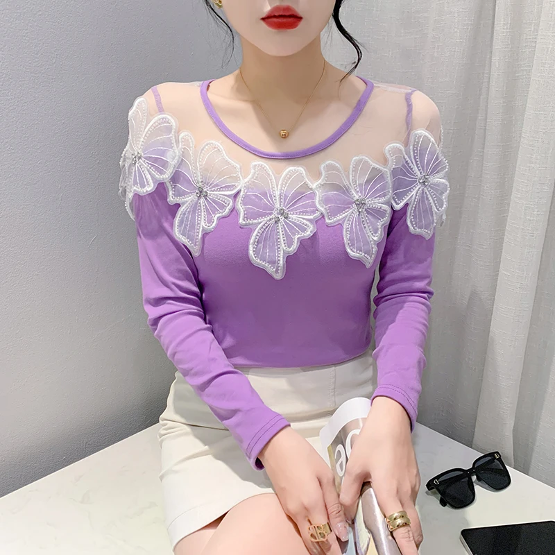 2023 Fall Winter European Clothes T-Shirt Women Chic Sexy Patchwork Lace Diamonds Flower Tops Long Sleeve Hand Made Tees 38104