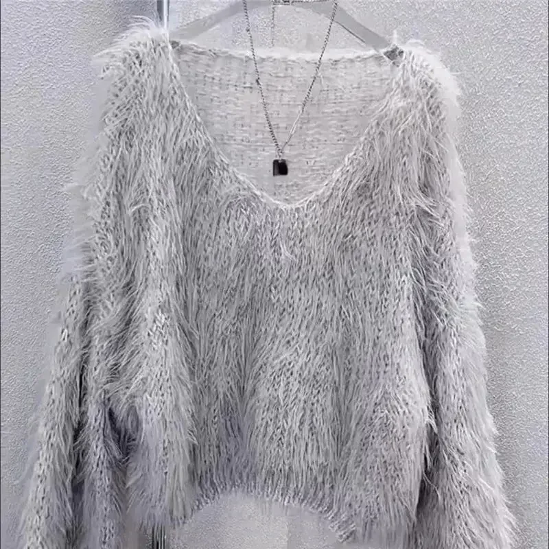 Autumn New Short Mink Sweater Women Versatile Loose V-neck Mohair Knit Pullover Soft Wool Casual Womens Clothing