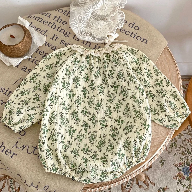 Spring new baby clothing, 0-3 year old girl baby small lace collar printed long sleeved jumpsuit jumpsuit