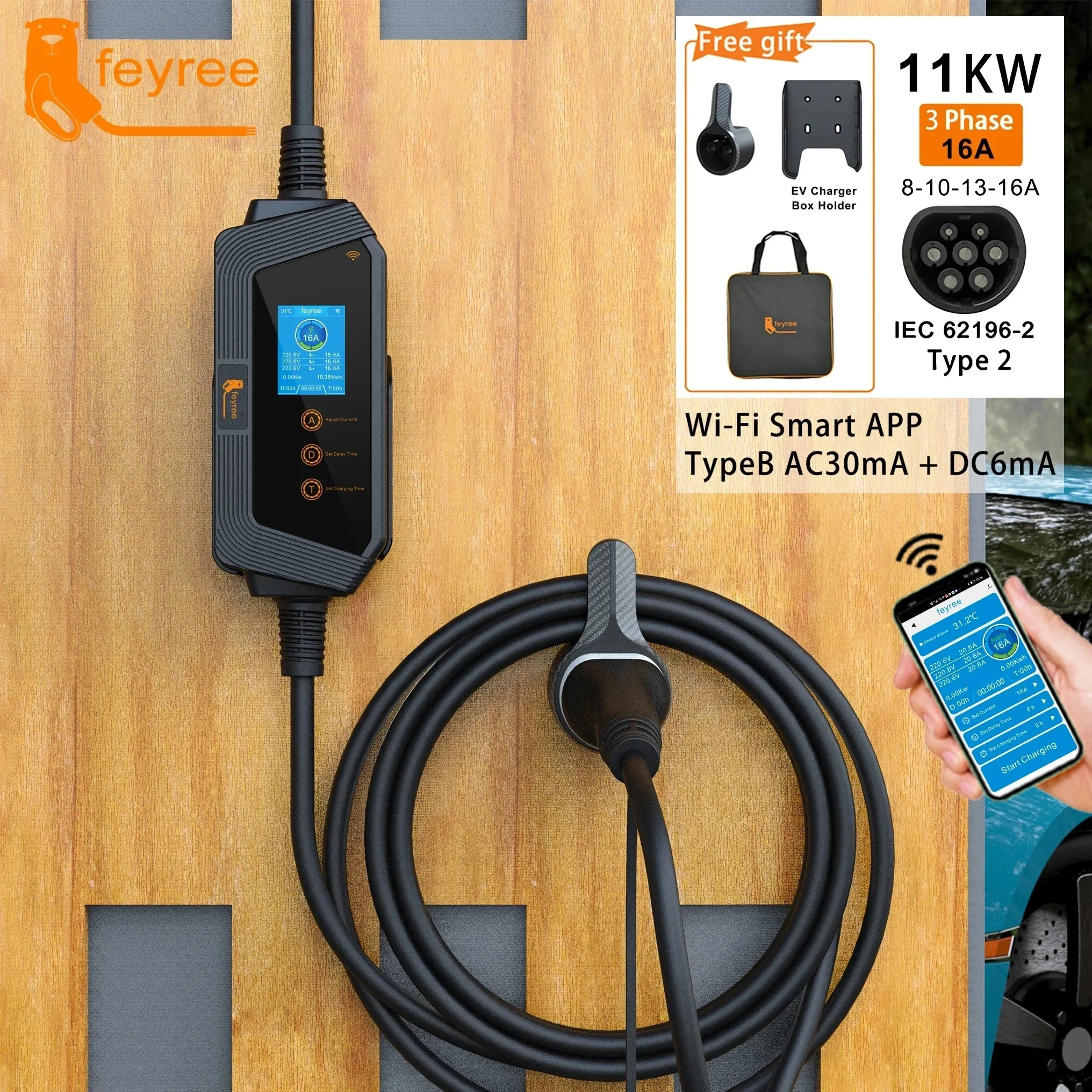 feyree Type2 11KW 16A 3Phase Portable EV Charger Car Charger Wi-Fi APP Control EVSE Charging Box CEE Plug for Electric Vehicle