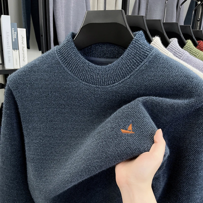 

Premium trend brand round neck sweater men's new sailboat embroidery autumn winter thick plush comfort warm knit casual pullover