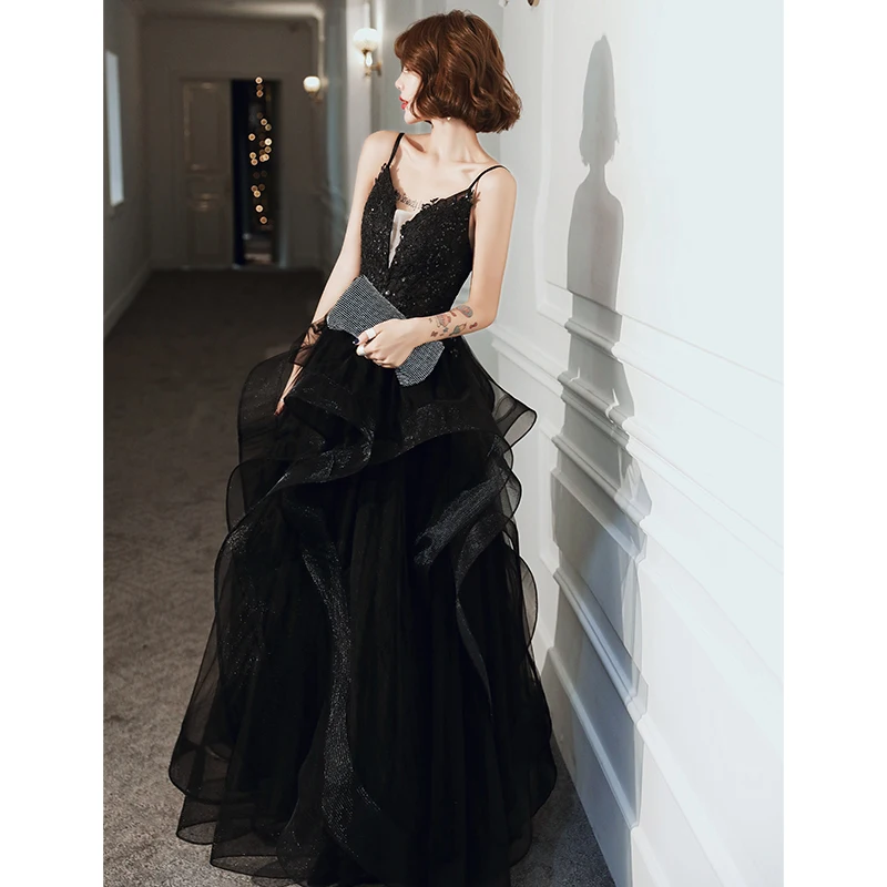 

U426 Black Gray Blue Long Prom Dresses Lady Girl Women Princess Performance Banquet Tiered Party Evening Ball Dress