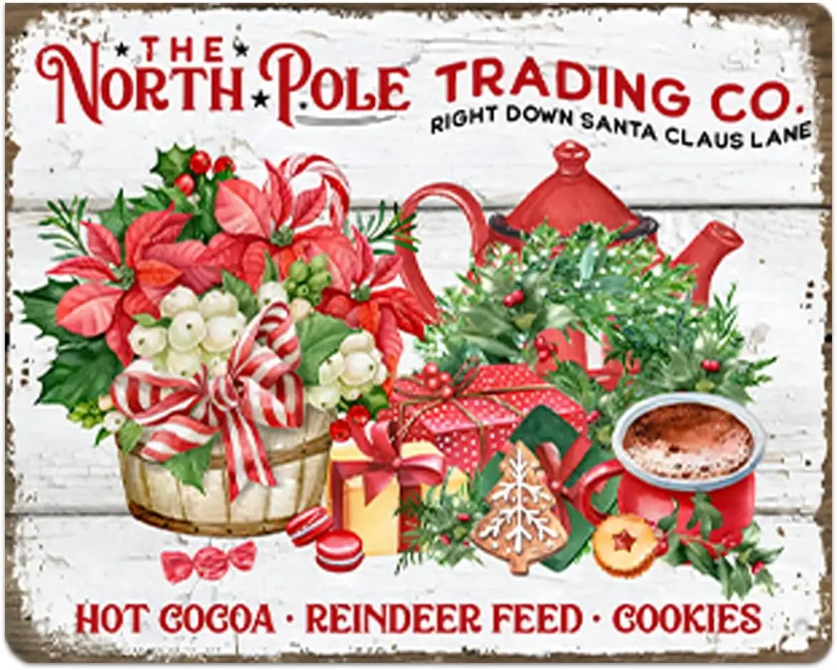 North Pole Trading Co Bakery Sign, Hot Cocoa Reindeer Feed Christmas Animals Elf, Red Christmas Tin Sign Cafe bar Home W