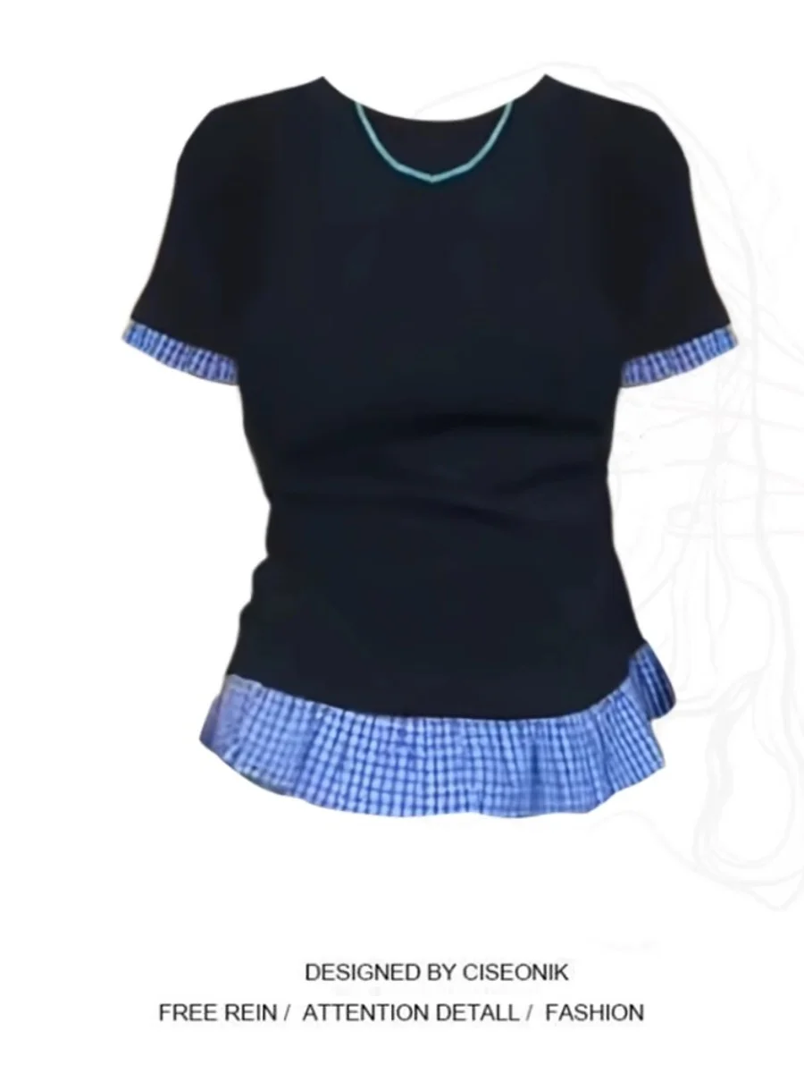 

Slimming Effect American Style round Neck Overhead T-Shirt Women Summer Versatile Slim Fit Striped Patchwork Trendy Top