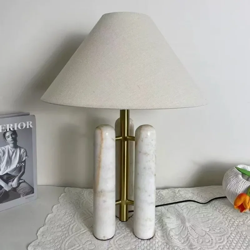 

SANDYHA Vintage LED Desk Lamp American Fabric Desktop Light Marble Base For Bedroom Dining Bar Home Decoration Lighting Fixture