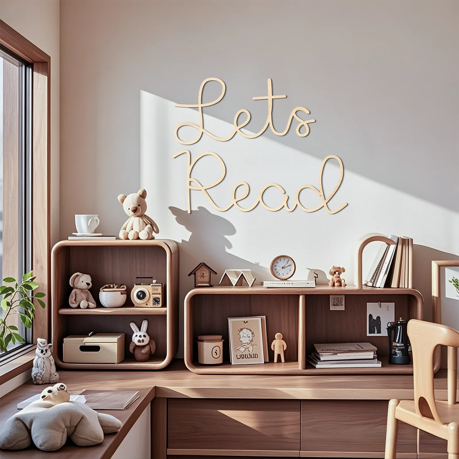 Let's Read Targa da parete in legno - Decorazione per la cameretta dei bambini, angolo di lettura, decorazione in legno naturale a tema libro di fiabe (9,9x25,9 cm)