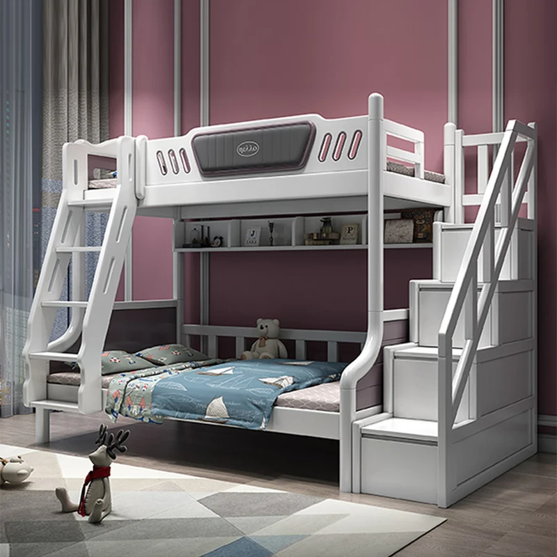 Modern Bedroom Furniture Set Soft Rubber Wood Children's Bed Kid Loft Bed with Stairs