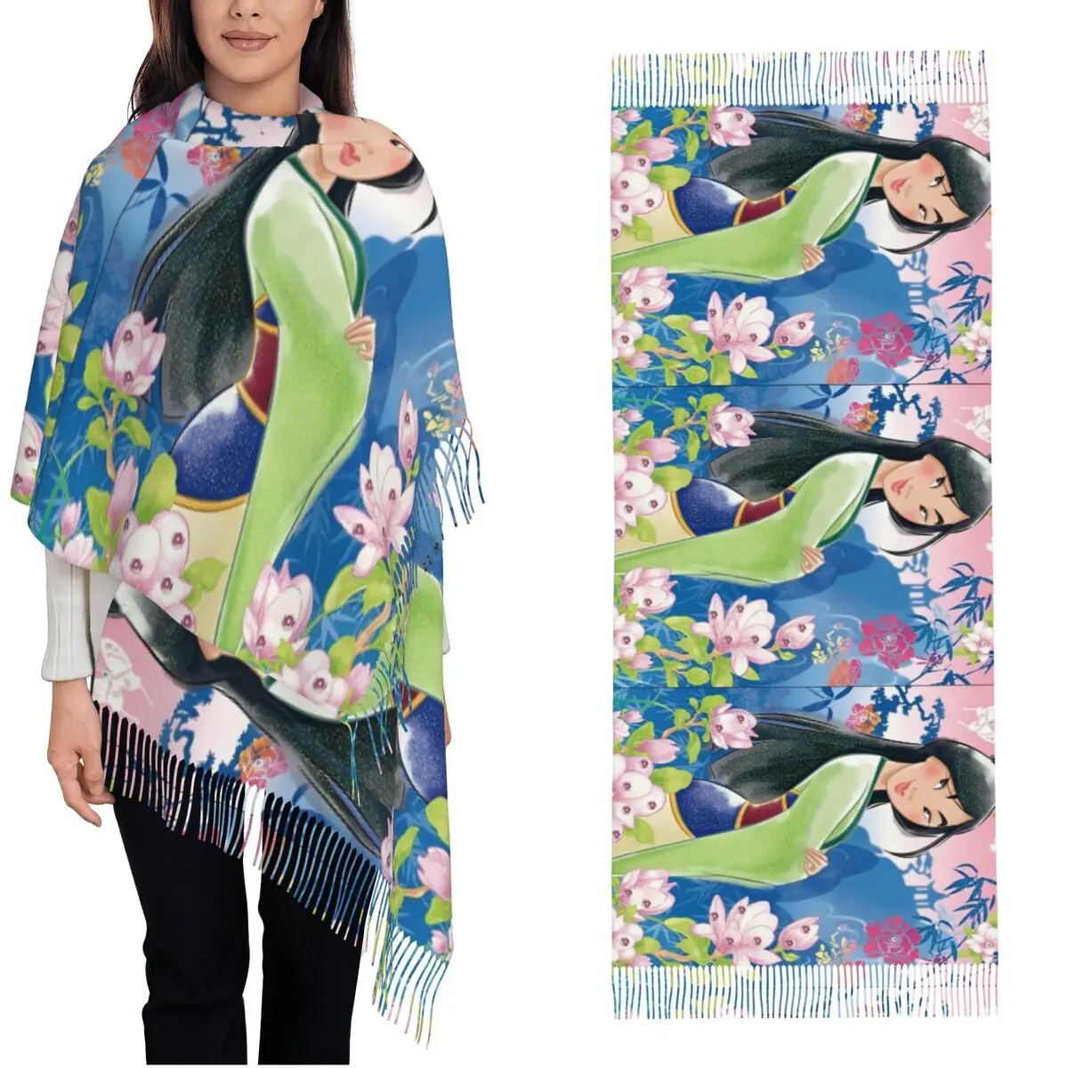 Mulan Princess Beaty Cartoon Shawl Wraps for Ladies Warm Large Long Scarf Cute Mushu Pashminas Shawl Scarves