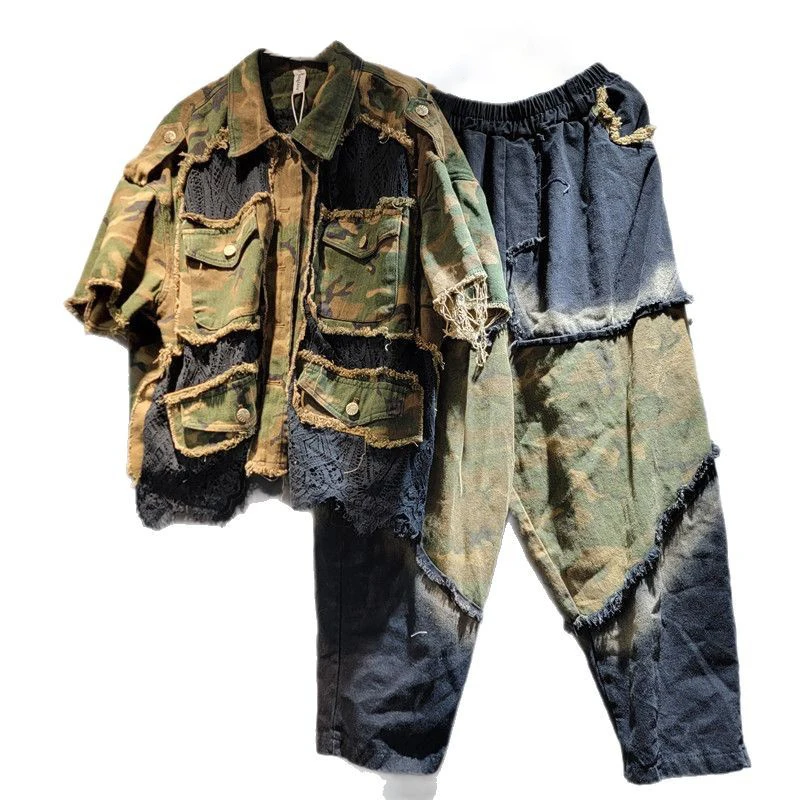 WTHT nueva moda mujer empalmado camuflaje borde rebaba camisa de manga corta cintura elástica pantalones sueltos mujer 2025 verano 1LS1685