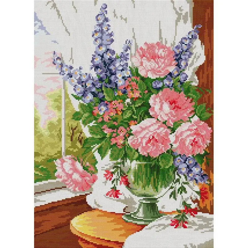 Vase of Flowers on Window Sill NKF Floral Cross Stitch Kit 14/16/11ct Canvas Printed Fabric Embroidery Kits DIY Hand Needlework