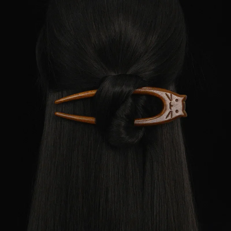 Wooden U Shaped Hair Forks for Women Girls Hanfu Hairpin Hair Accessories Chinese Cat Pattern Hair Sticks