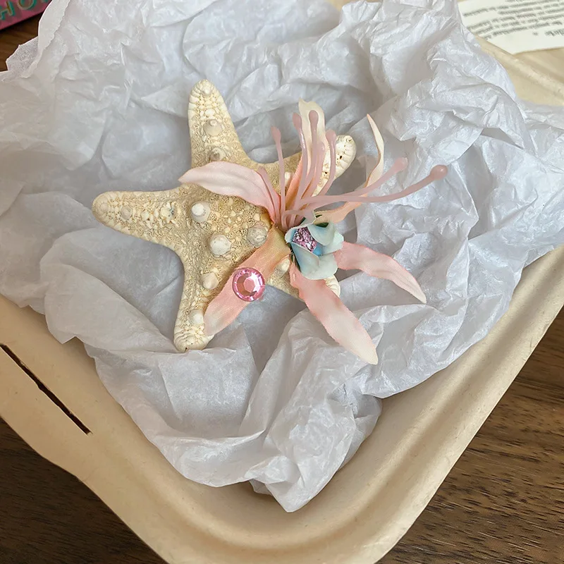 -مشبك شعر على شكل زهرة نجم البحر من القماش المرصع على شكل عطلة الشاطئ، صورة للسفر، إكسسوار شعر متعدد الاستخدامات