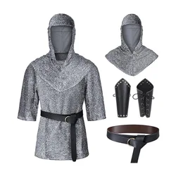 Adult Men's Medieval Vintage Cosplay Costume Halloween Knight Warrior Jacket Outerwear Armor Faux Chainmail with Hat Top Shirt