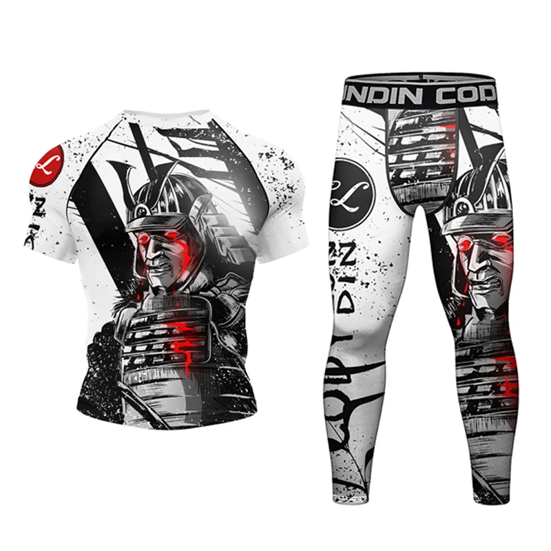 Nowa męska jiu jitsu koszulka + garnitur ze spodniami Bjj Rashguard spodenki Muay Thai dres MMA bokserski zestaw treningowy kompresyjny strój bojowy