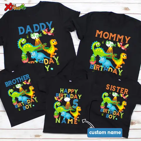 Dinosaurier-Familien-Geburtstagshemden, passendes Outfit, Party, individueller Name, T-Rex-T-Shirt, Baby-Einteiler, Geschenk, schwarze Geburtstags-Outfits für Jungen