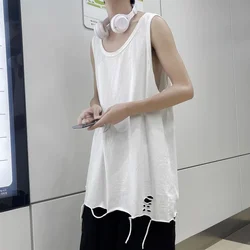 Men's round Neck Sleeveless Vest Summer Sporty Trendy Washed Outfit Casual Loose Fit Sweat Vest Pure Color in Style