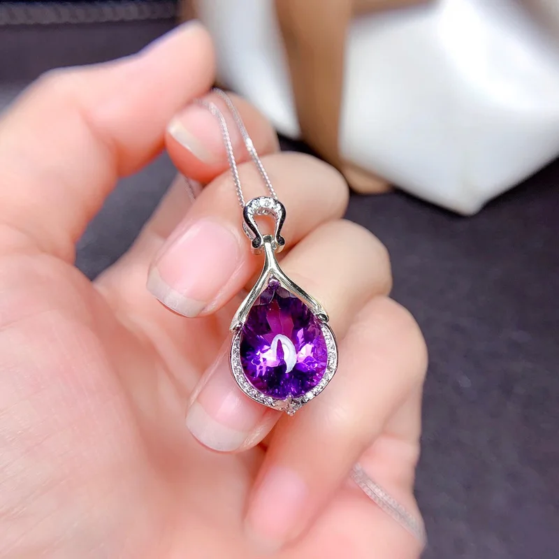 Korean-style fashion imitation droplet-shaped large purple crystal pendant 925 sterling silver necklace, a beautiful gift for wo