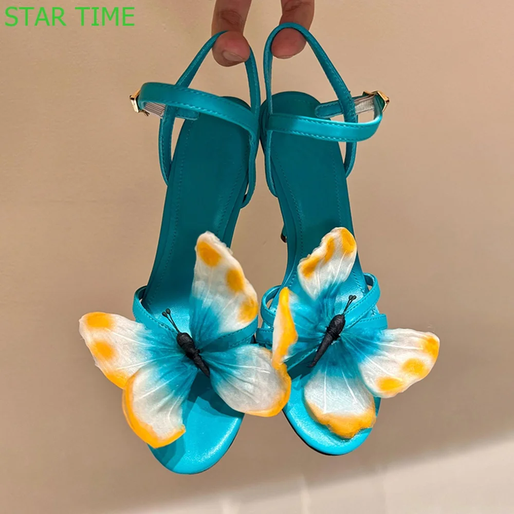 

Super Pretty Colorful Butterfly Sandals 2024 Summer New Open Toe Buckle Casual High Heels Blue Fashion Women Sandals