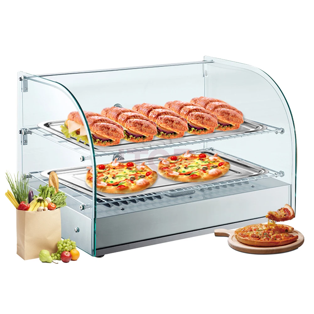 2 Layers Heated Pie Display Cabinet Showcase Fried Chicken Food Bread Display Warmer