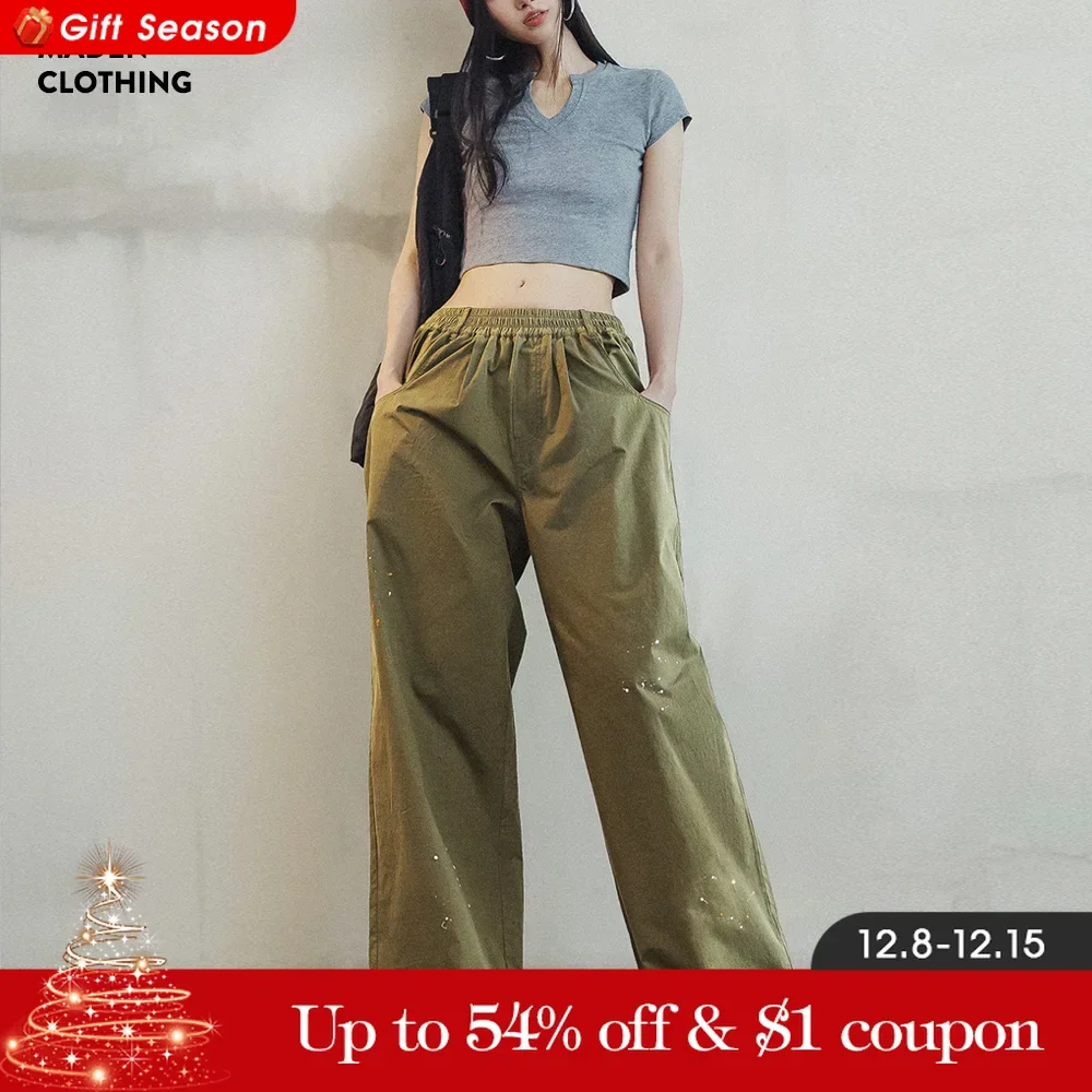 Maden Personality Ink-splashed Wide Leg Pants for Women Summer Cotton Straight Elastic Waist Casual Cargo Pants Green Sweatpants