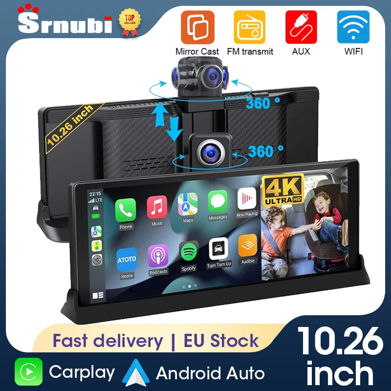 Srnubi 10,26 pouces 4K Dash Cam Carplay Android Auto GPS FM BT Voiture Dvr 350 °   Enregistreur d'entraînement de caméra de camion Dashcam à double ob